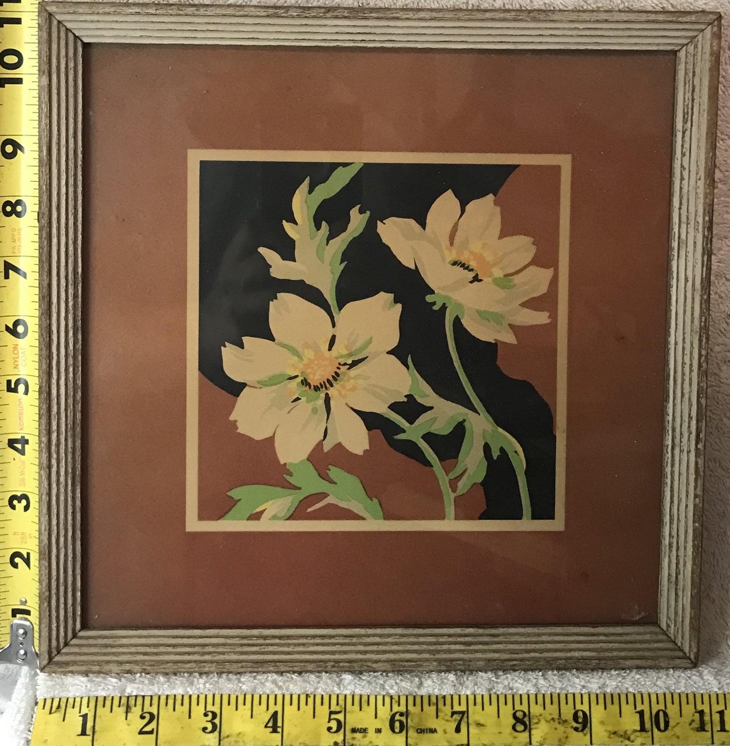 Vintage Floral Artwork - Framed Yellow Flowers on Terracotta Background