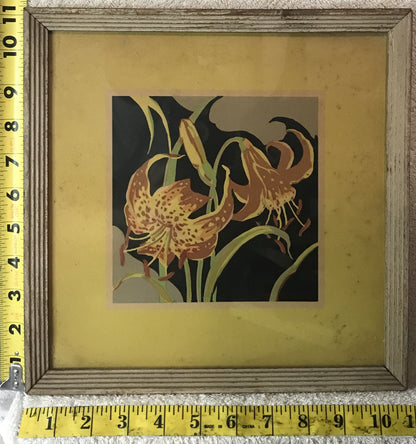 Vintage Floral Artwork - Framed Tiger Lilies on Yellow Background