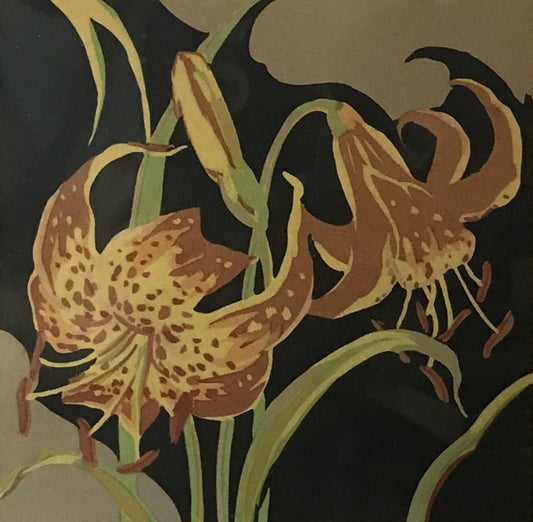 Vintage Floral Artwork - Framed Tiger Lilies on Yellow Background