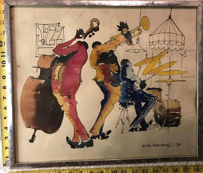 1974 Signed Watercolor Jazz Band Illustration by Neil Woodall