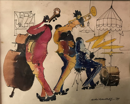 1974 Signed Watercolor Jazz Band Illustration by Neil Woodall