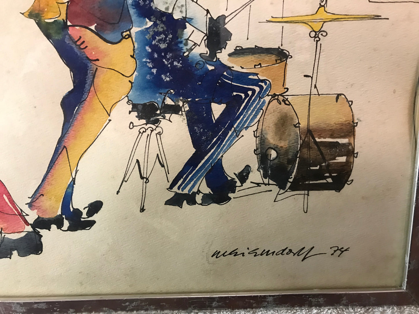 1974 Signed Watercolor Jazz Band Illustration by Neil Woodall