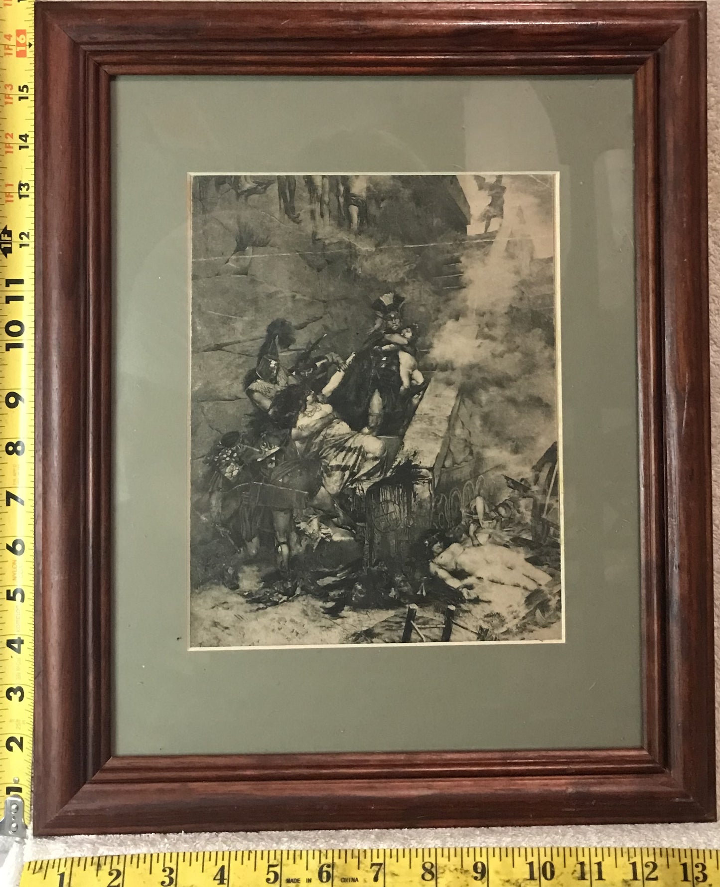 Vintage Black and White Battle Scene Engraving - Framed