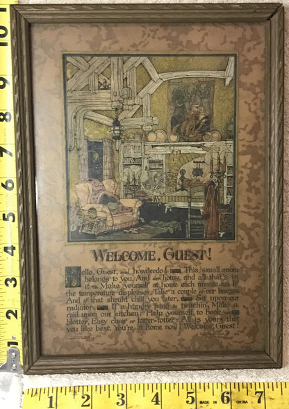 Vintage 'Welcome Guest' Illustrated Sign with Frame