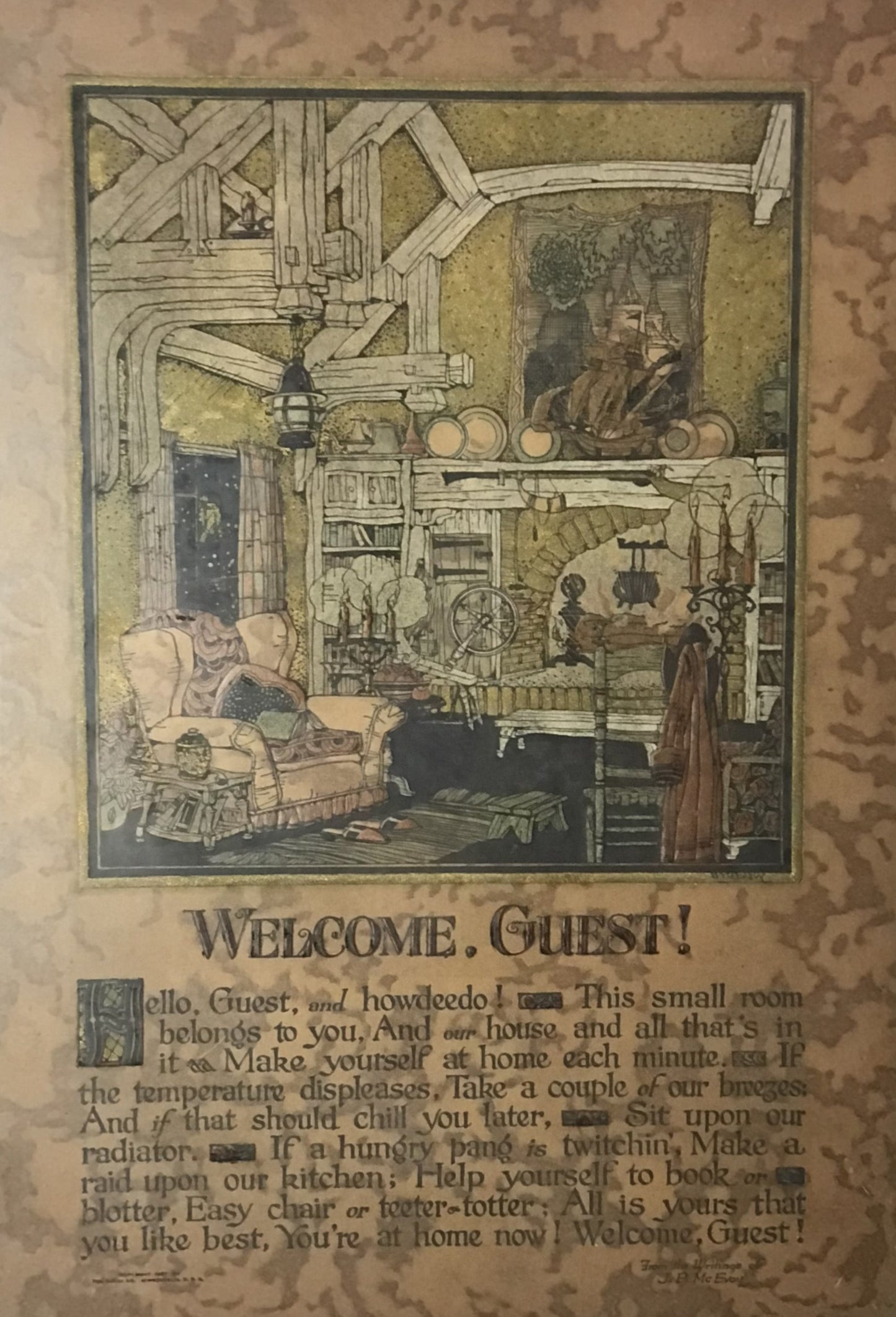 Vintage 'Welcome Guest' Illustrated Sign with Frame