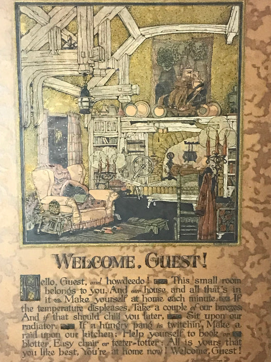 Vintage 'Welcome Guest' Illustrated Sign with Frame