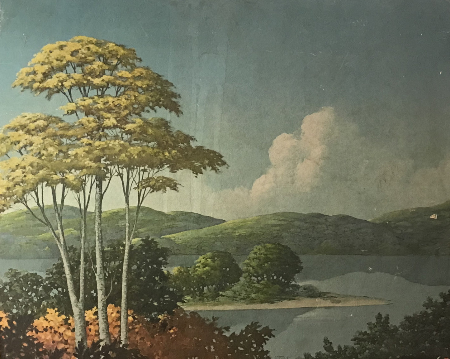 Vintage Landscape Print - Serene Lakeside with Trees and Rolling Hills