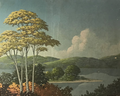 Vintage Landscape Print - Serene Lakeside with Trees and Rolling Hills