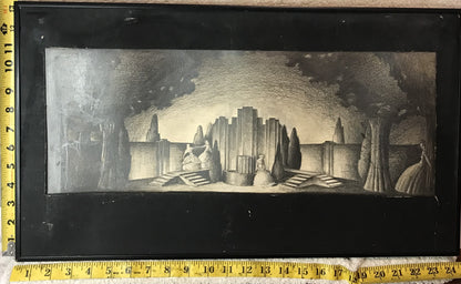 Vintage Theater Set Design Charcoal Drawing - Dramatic Architectural Scene (Framed)