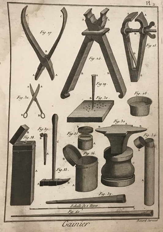 Antique Engraving Print of Crafting Tools - "Gainier" by Benard Direxit