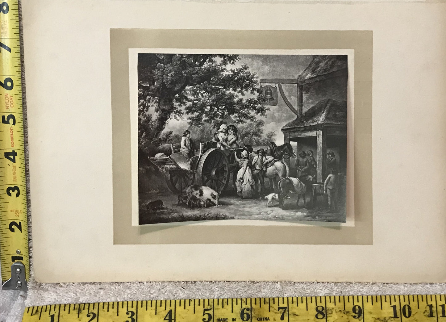 Antique Print - Rustic Village Scene with Carriage and Villagers