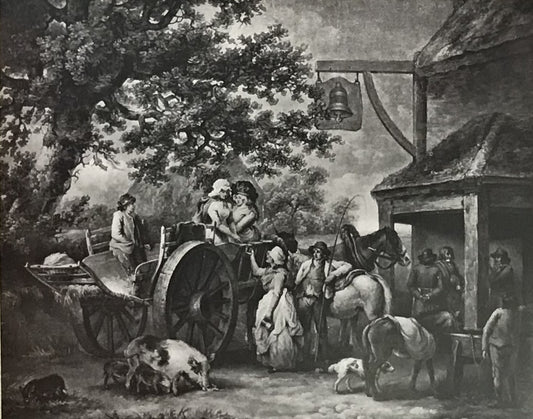 Antique Print - Rustic Village Scene with Carriage and Villagers