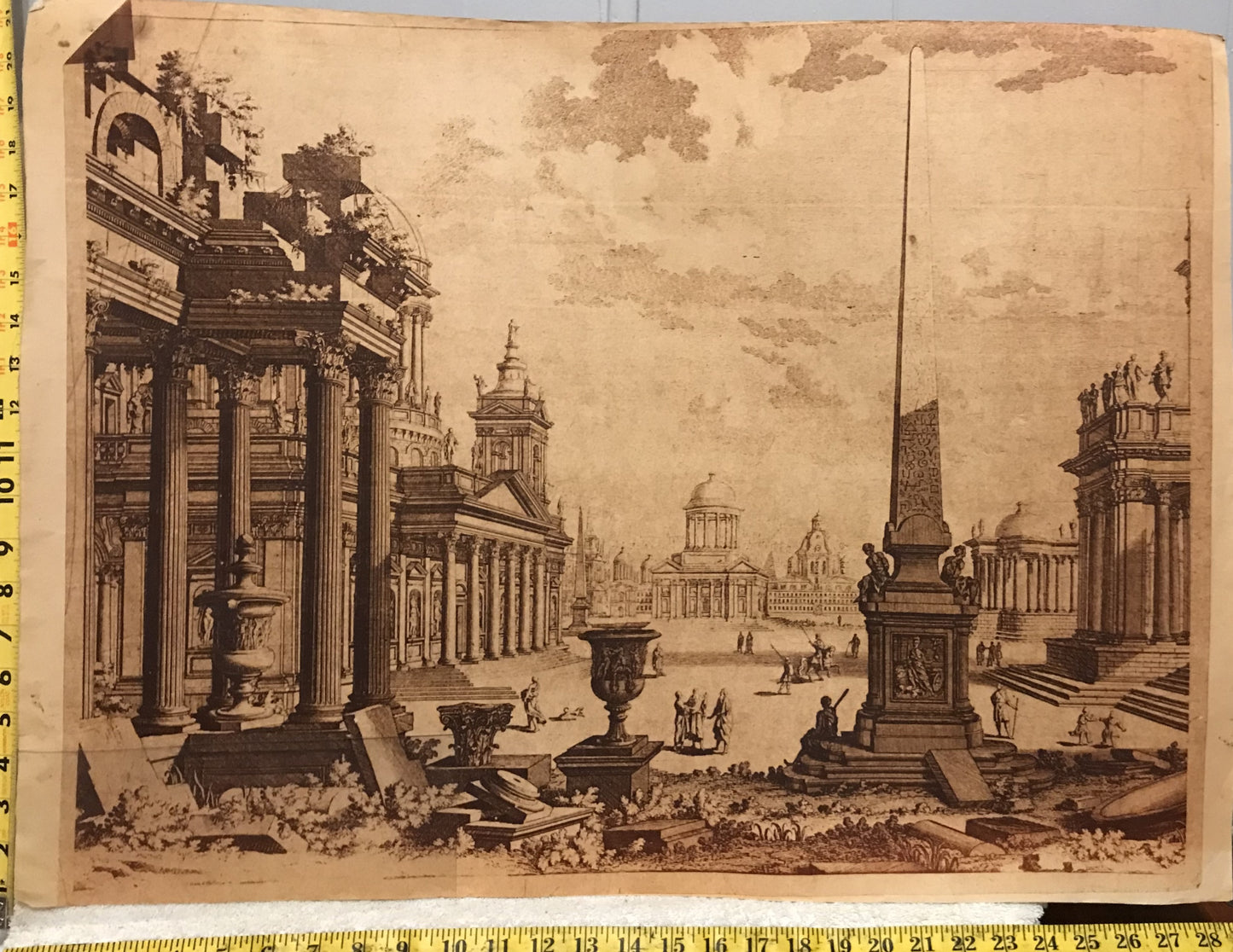 Vintage Architectural Engraving – Grand Plaza with Obelisk and Classical Buildings