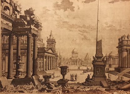 Vintage Architectural Engraving – Grand Plaza with Obelisk and Classical Buildings