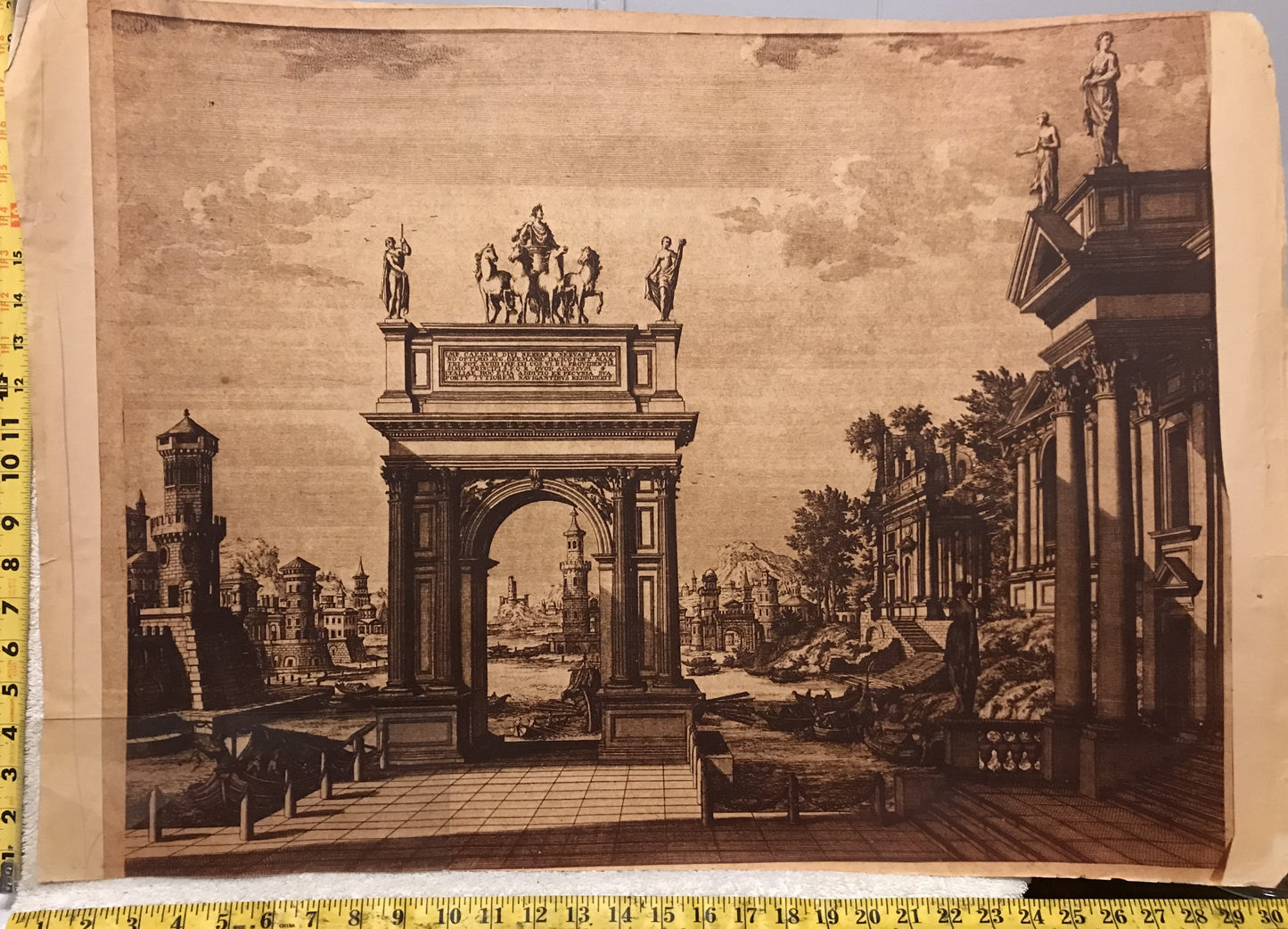 Vintage Architectural Engraving – Triumphal Arch with Classical Cityscape