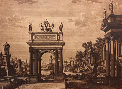 Vintage Architectural Engraving – Triumphal Arch with Classical Cityscape