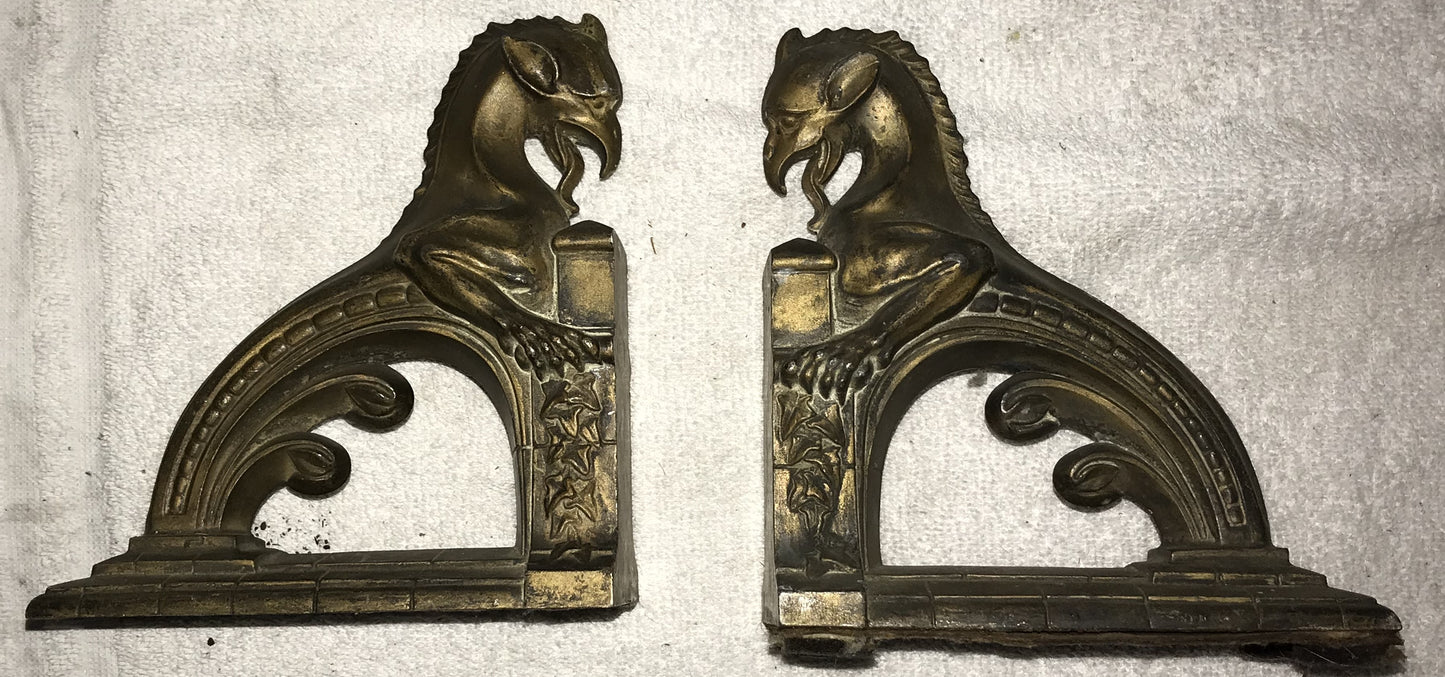 Pair of Vintage Brass Griffin Bookends – Gothic Revival Style