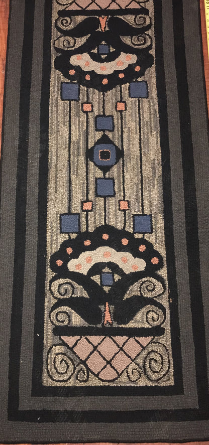 Handmade Art Deco Wool Hooked Rug with Geometric and Floral Motifs (42 x 100 inches)