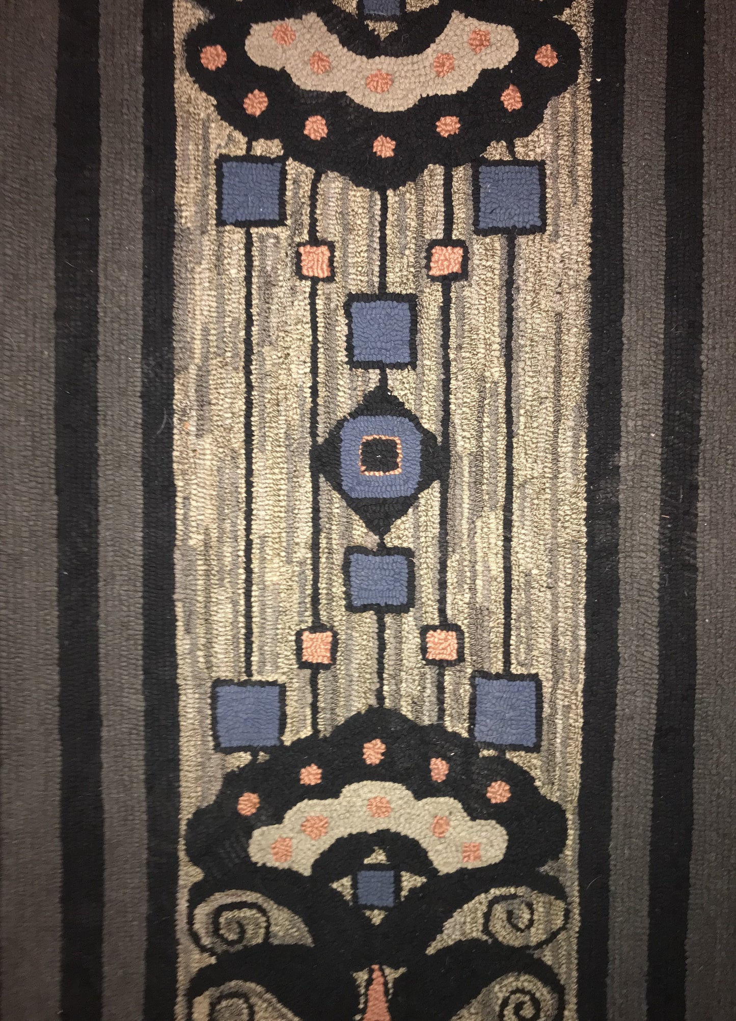 Handmade Art Deco Wool Hooked Rug with Geometric and Floral Motifs (42 x 100 inches)