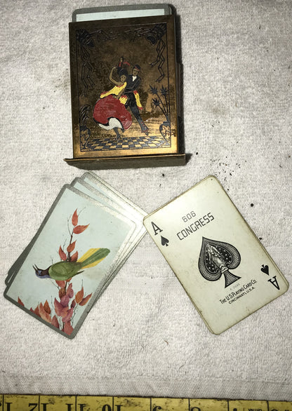 Vintage Congress 606 Playing Cards with Ornate Metal Card Holder (Hand-painted)