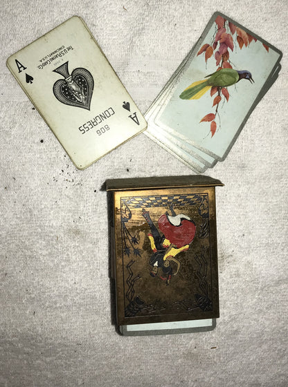 Vintage Congress 606 Playing Cards with Ornate Metal Card Holder (Hand-painted)