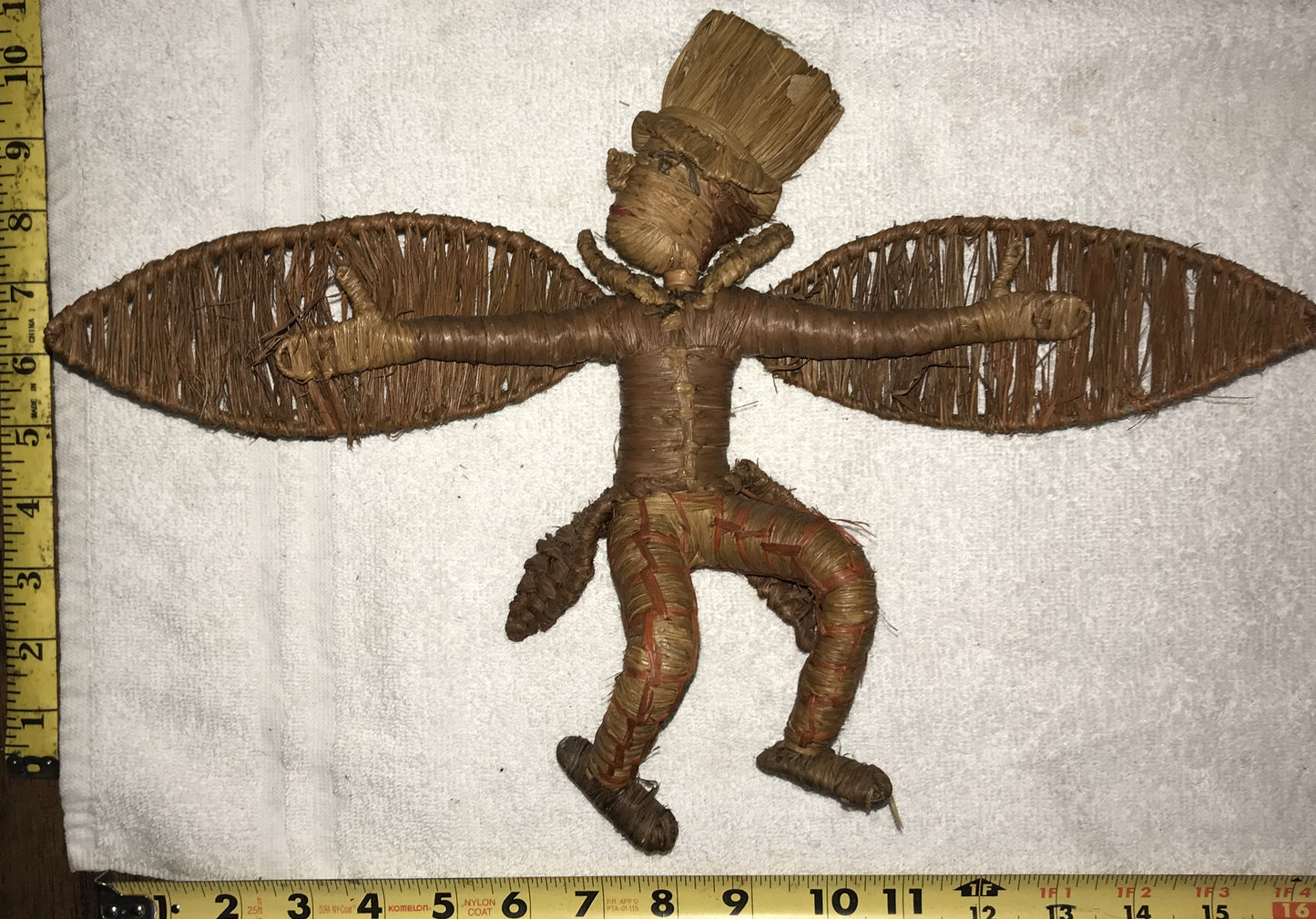 Handcrafted Natural Fiber Figurine with Wings - Vintage Folk Art