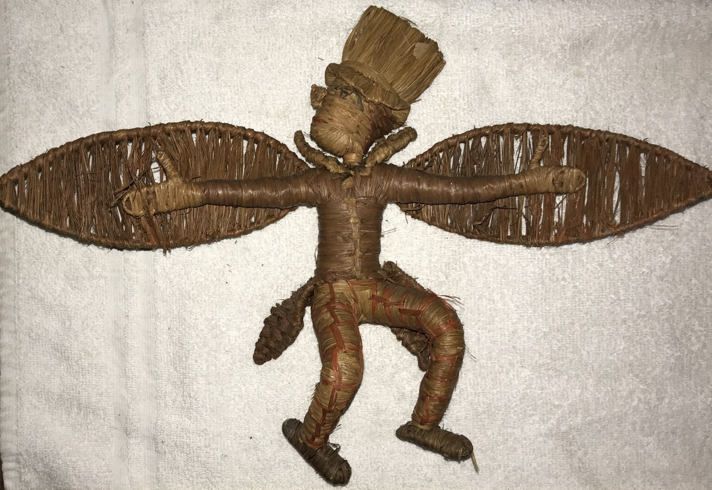 Handcrafted Natural Fiber Figurine with Wings - Vintage Folk Art