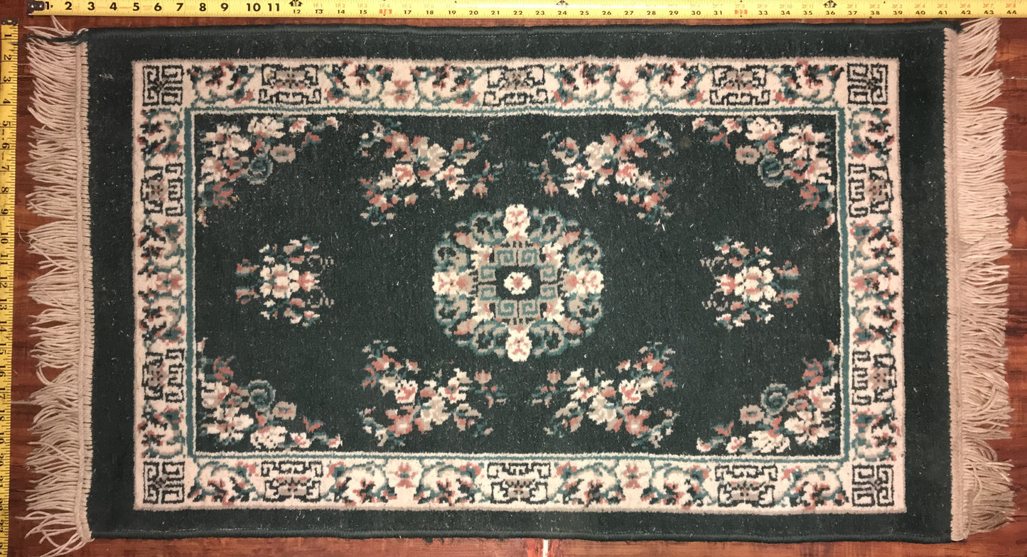 Vintage Art Deco Chinese Handmade Wool Rug – Dark Green Floral Pattern (60 x37 inches)