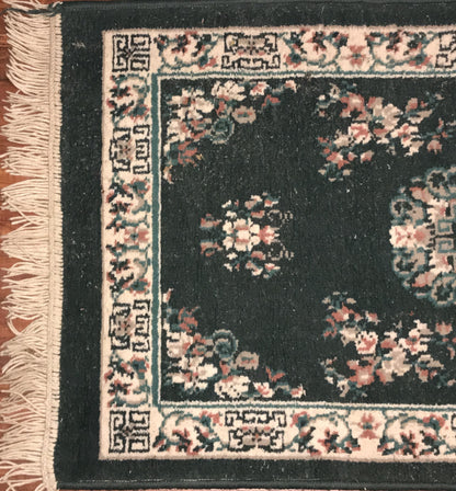 Vintage Art Deco Chinese Handmade Wool Rug – Dark Green Floral Pattern (60 x37 inches)