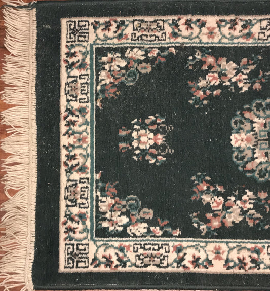 Vintage Art Deco Chinese Handmade Wool Rug – Dark Green Floral Pattern (60 x37 inches)