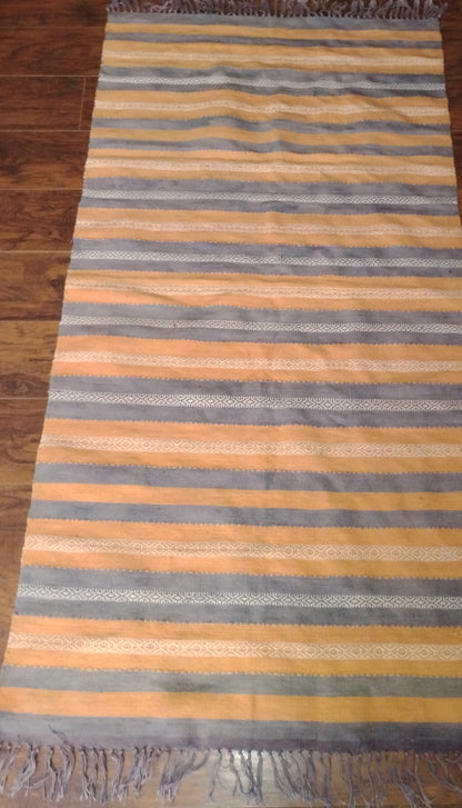 Vintage Handwoven Striped Rug - Earth Tones and Grey with Fringe