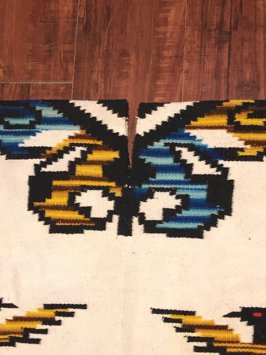 Vintage Handwoven Poncho Textile – Geometric and Butterfly Design