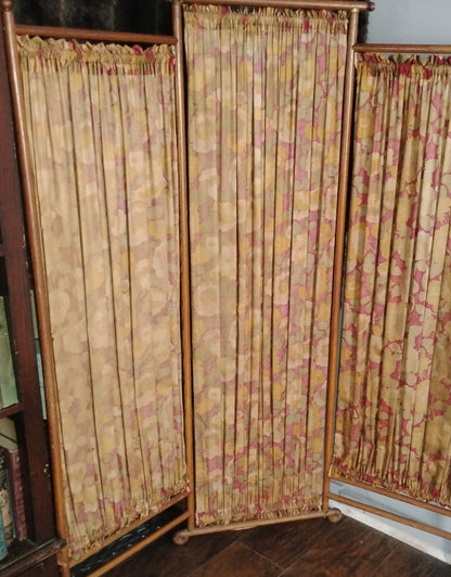 Vintage 3-Panel Wooden Room Divider with Floral Fabric Panels