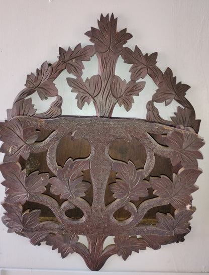 Antique Hand-Carved Wooden Wall Pocket - Leaf Motif