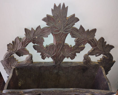 Antique Hand-Carved Wooden Wall Pocket - Leaf Motif