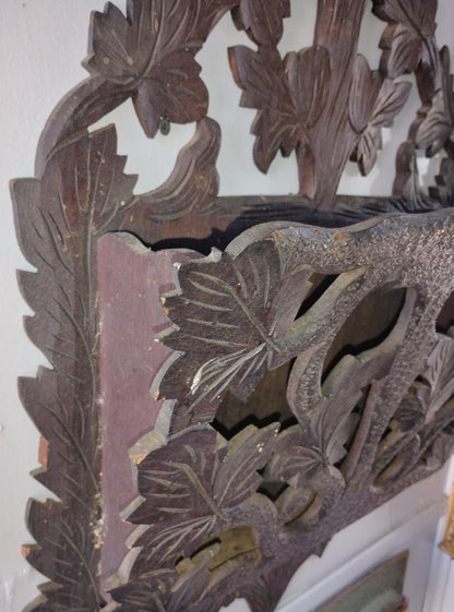 Antique Hand-Carved Wooden Wall Pocket - Leaf Motif